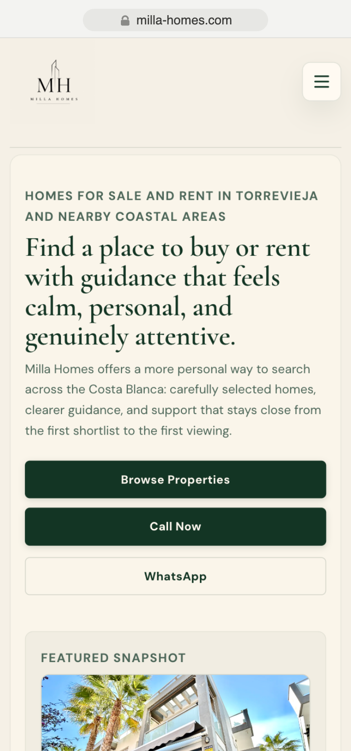 Milla Homes — Home (mobile)